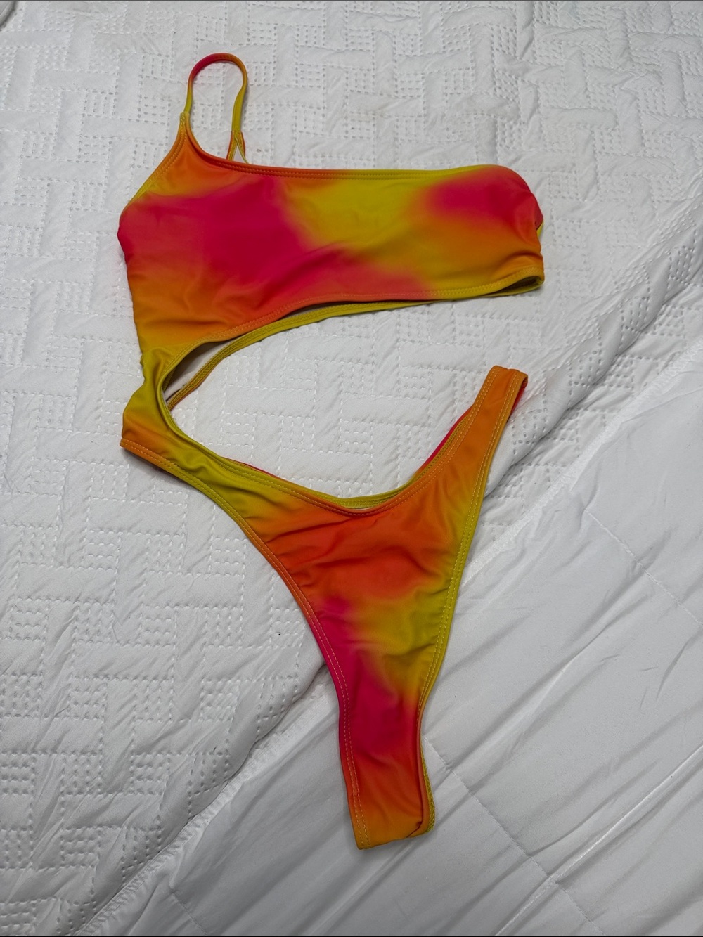 One-Shoulder Tie-Dye Bikini Set in Pink, Orange & Yellow